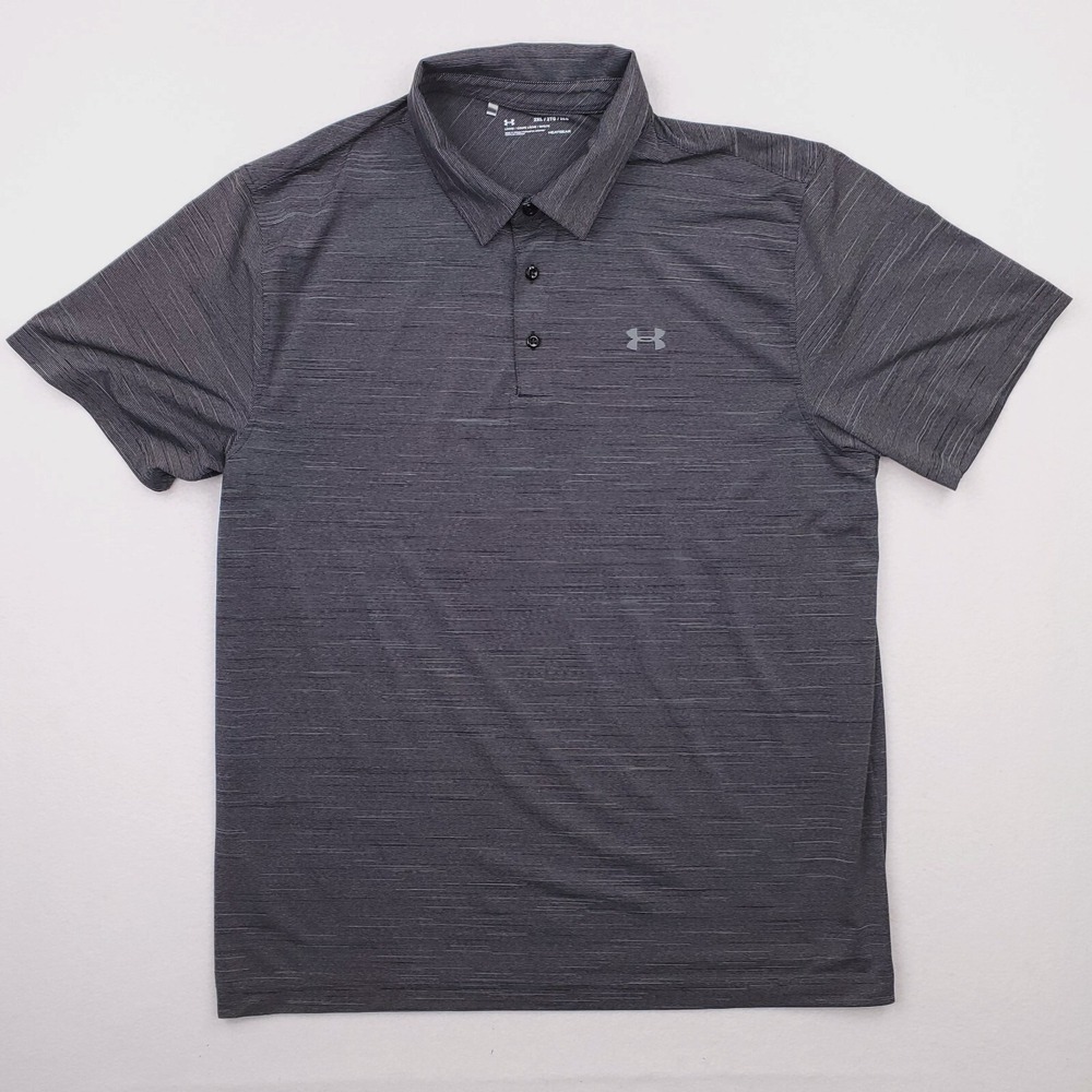 Under Armour Shirt Mens XXL Gray Striped Performance Golf Polo Loose Heatgear